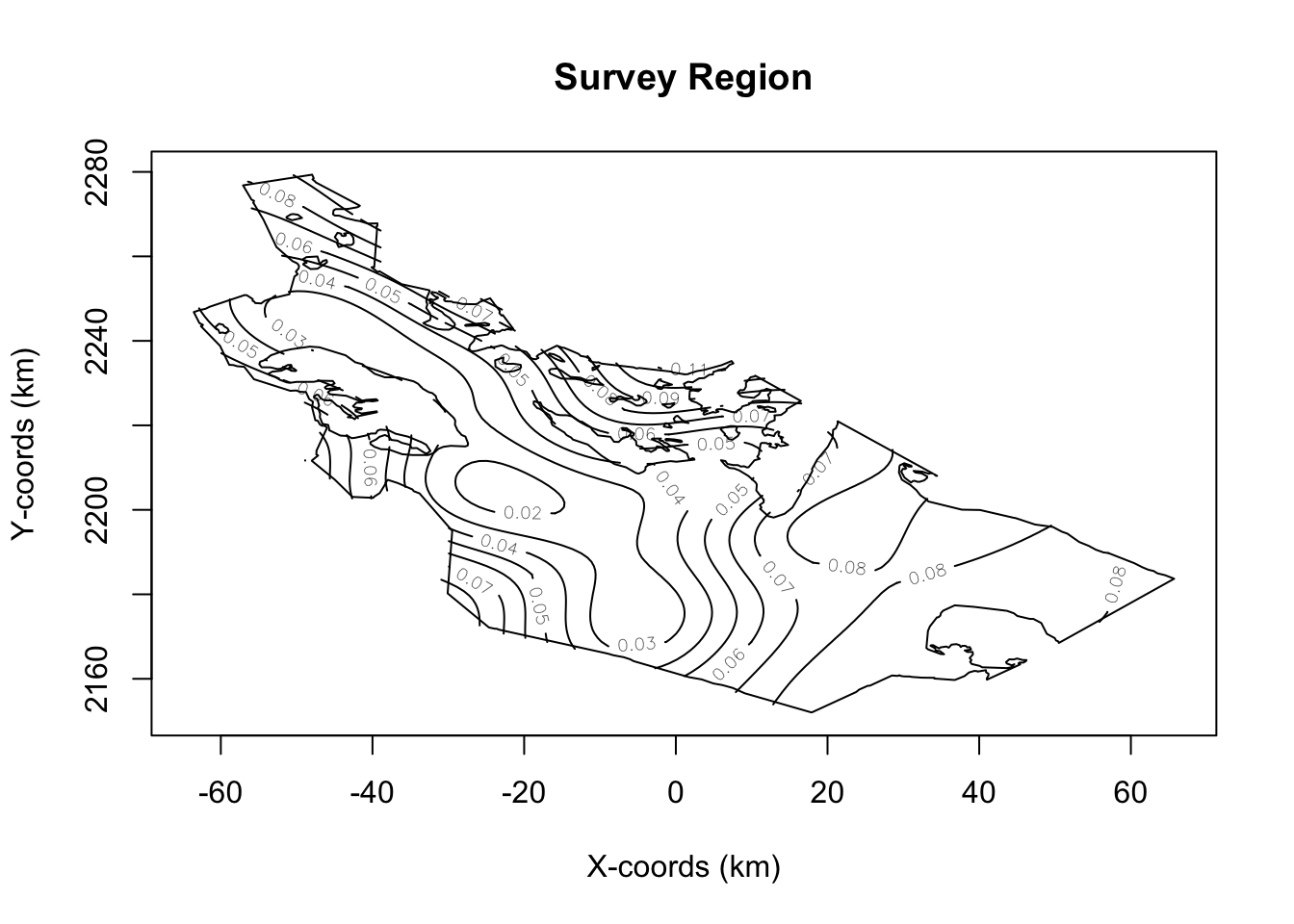 Study region with animal density superimposed
Note lower density near the trail system