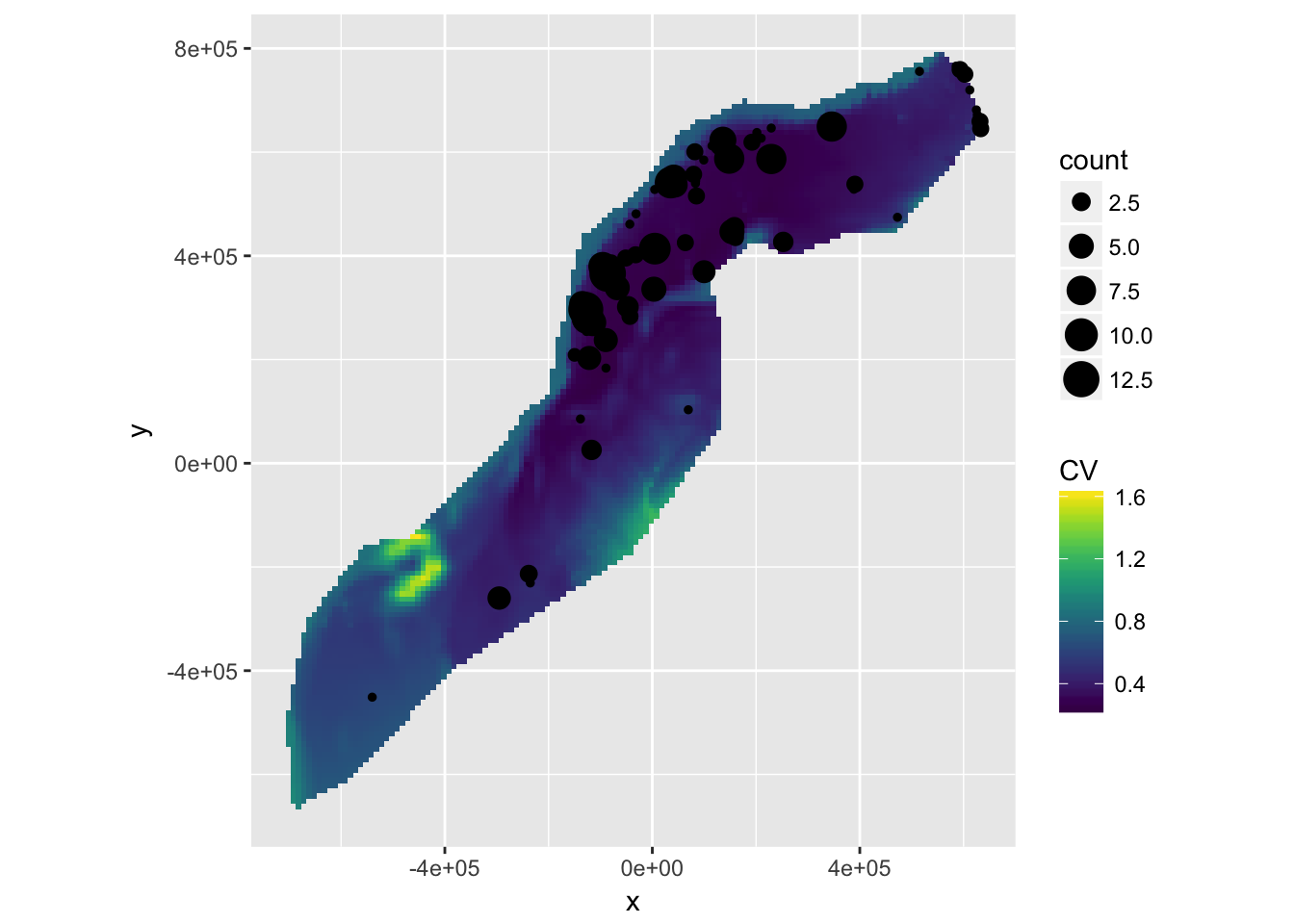 Uncertainty (CV) in prediction surface from bivariate spatial smooth with environmental covariates.  Sightings overlaid.
