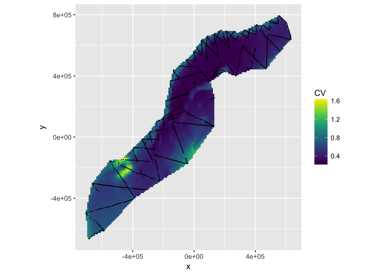 Uncertainty (CV) in prediction surface from bivariate spatial smooth with environmental covariates.  Effort overlaid.