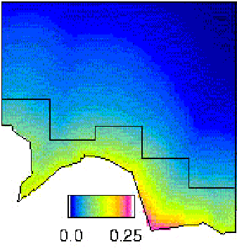 An example of the sort of survey design used (left) and a typical minke density gradient (right). The irregular bottom border is the ice-edge. The ‘stepped’ black line defines the boundary between the strata; dotted lines are transects and dots are detections.